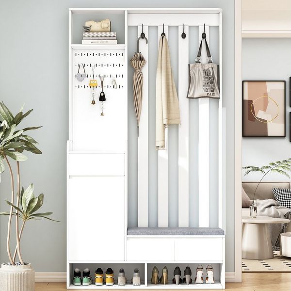 Merax Garderoben-Set mit gepolsterter Aufbewahrungsbank, (Kompaktgarderobe für Ihren Eingangsbereich, H180/B100/T35 cm), Flurgarderobe mit Sitzbank, Stecktafel, Schubladen & Kleiderhaken