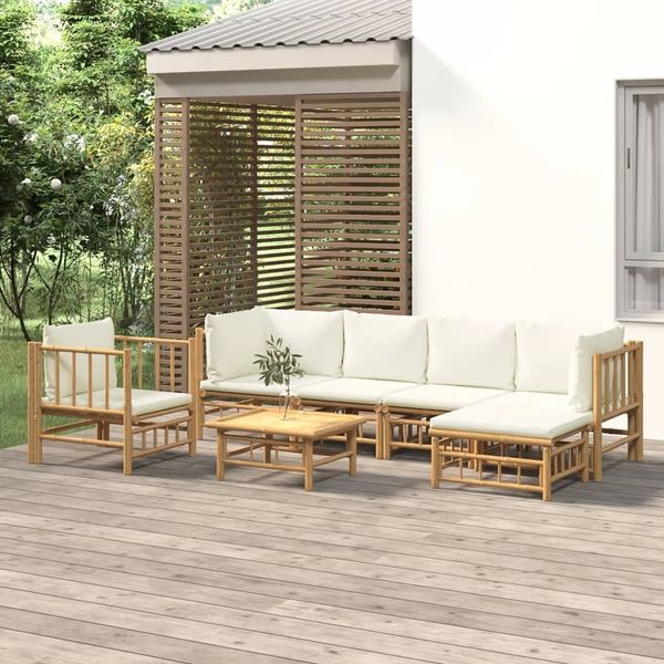 vidaXL 7-tlg. Garten-Lounge-Set mit Cremeweißen Kissen Bambus 3155181