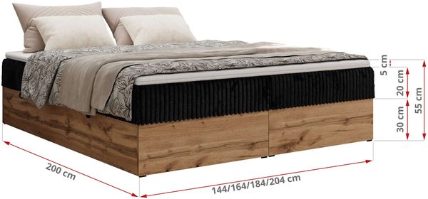 Polsterbett mit Bettkasten, Boxspringbett ohne Kopfteil WOOD ZERO, 7-Zonen Multipocket-Matratze und Topper, modernes Bett für Schlafzimmer - Schwarz Cordstoff - 180 x 200 cm - H3 Bild 6