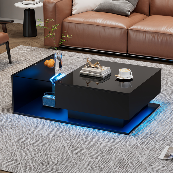 Couchtisch 100 x 50 x 32 cm in Schwarz, Hochglanz mit Glasplatte, 1 Schublade und LED-Beleuchtung