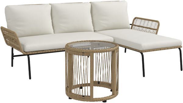 Rattan Gartenmöbel-Set Gartengarnitur mit Liegestuhl, Couchtisch, Zweisitzer & Creme Sitzkissen für Terrasse & Balkon