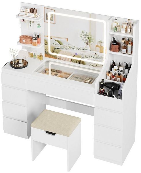 HOMALL Schminktisch Dreifarbiger, LED-beleuchteter Schminktisch Extra großer Stauraum (Maße: 135 × 40 × 137 cm, Arbeitsplatte aus gehärtetem Glas, mit 7 offenen Ablagefächern + 9 Schubladen, 2 Steckdosen + 1 USB-Anschluss + 1 Typ-C-Anschluss, Halterung...