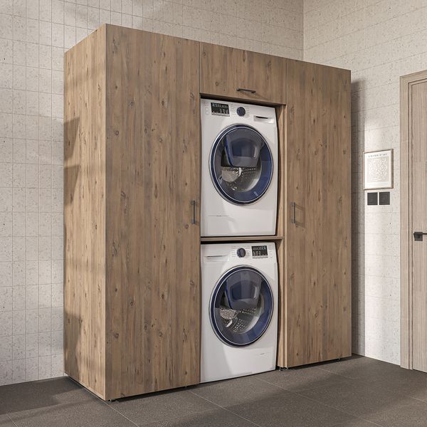 Roomart DUO-I Schrankwand 187 cm – Waschmaschine & Trockner übereinander & Hochschrank | • Eiche