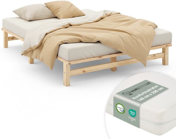 Holzbett 140x200 mit Matratze Holzbettrahmen Palettenbett Doppelbett Bett Massiv Holz Bettgestell