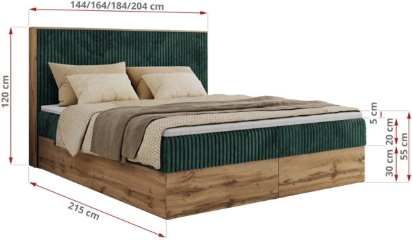 Doppelbett, Boxspringbett mit Bettkästen, Multipocket-Matratze und Topper, Set mit Kopfteil, Eiche Wotan Holzrahmen - WOOD CLASSIC - 160 x 200 cm - Dunkelgrün Cord - H4 Bild 6