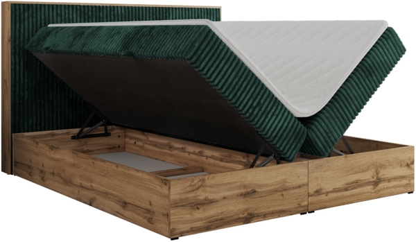 Doppelbett, Boxspringbett mit Bettkästen, Multipocket-Matratze und Topper, Set mit Kopfteil, Eiche Wotan Holzrahmen - WOOD CLASSIC - 160 x 200 cm - Dunkelgrün Cord - H4 Bild 5