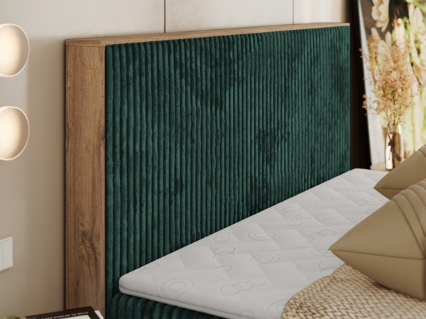 Doppelbett, Boxspringbett mit Bettkästen, Multipocket-Matratze und Topper, Set mit Kopfteil, Eiche Wotan Holzrahmen - WOOD CLASSIC - 160 x 200 cm - Dunkelgrün Cord - H4 Bild 3