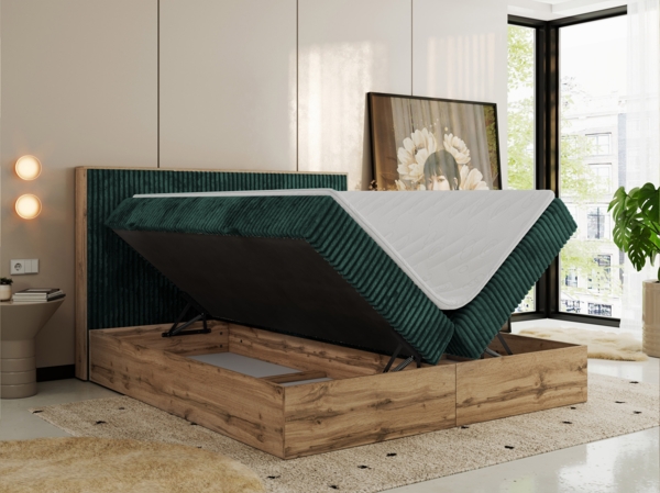 Doppelbett, Boxspringbett mit Bettkästen, Multipocket-Matratze und Topper, Set mit Kopfteil, Eiche Wotan Holzrahmen - WOOD CLASSIC - 160 x 200 cm - Dunkelgrün Cord - H4 Bild 4
