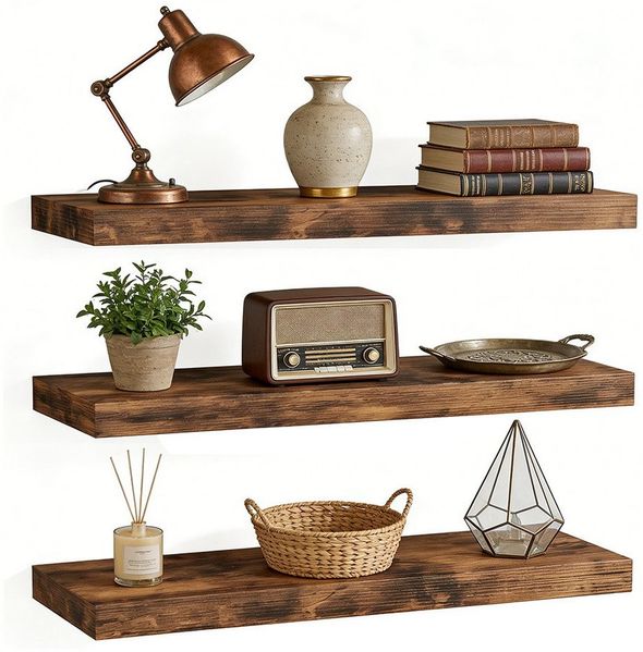 PFCTART Wandregal Wandregal 3er Set 40 cm Vintagebraun aus MDF & Stahl, Set 3-tlg, Schweberegal belastbar bis 10 kg – modern & platzsparend