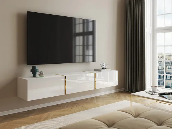 Vente-unique - MARZIALO TV unit Holz, Platte WeißGoldfarben - B 34,6 cm x H 27,7 cm x L 179,9 cm