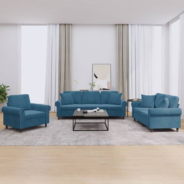 vidaXL 3-tlg. Sofagarnitur mit Kissen Blau Samt 3202199