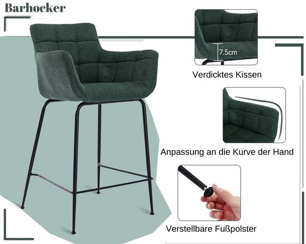 WAHSON OFFICE CHAIRS Barhocker 2 St Barstuhl aus Handtuchstoff, Tresenhocker mit Metallbeinen Bild 3