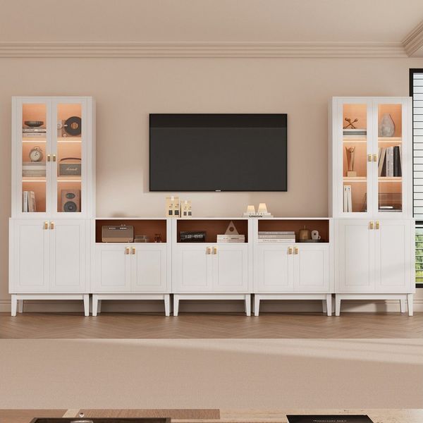 VOWNER TV-Board Set mit Glastüren, LED Fernsehschrank multifunktional (5 St), 5PSC Version: 180cm für TV bis 75 Zoll, Maße 300 x 180 x 40 cm