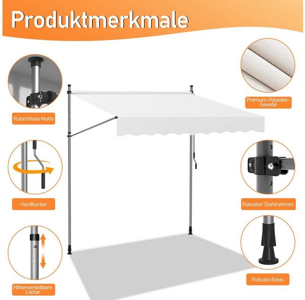 Clanmacy Klemmmarkise Klemmmarkise Balkonmarkise 250cm mit Handkurbel ohne Bohren Creme Bild 3