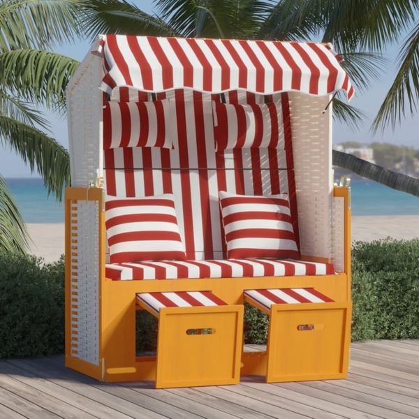 Strandkorb, Gartenmöbel mit Kissen Poly Rattan und Massivholz Rot & Weiß