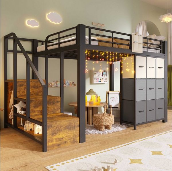 BlingBin Hochbett 90×200 cm mit Schubladen, Kleiderstange, Geländer, ohne Matratze (1-St, Kinder-/Jugendbett mit Treppe & Stauraum, Schubladen-Kommode) platzsparend mit Stauraum, für Kinder & Jugendliche