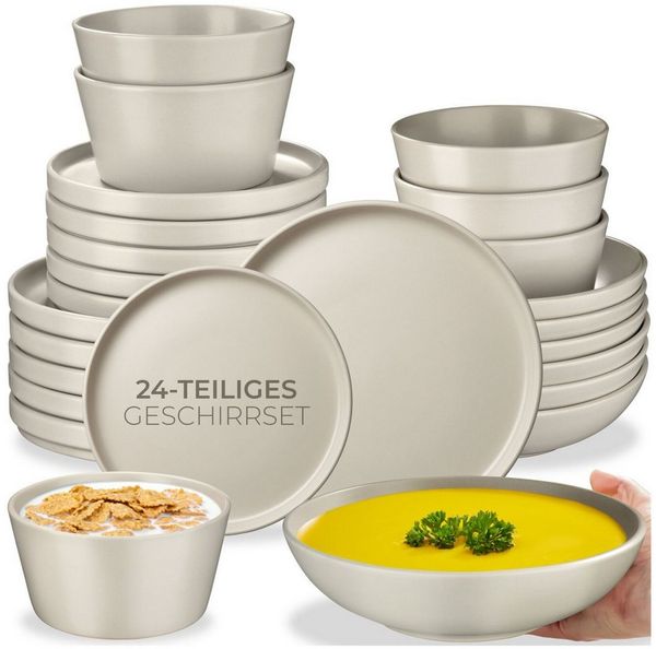 tectake Geschirr-Set Tafelservice Una, aus Steingut, für 6 Personen (24-tlg), 6 Personen, Steingut, für 6 Personen