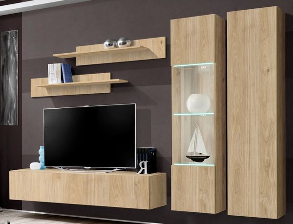 Wohnwand Option in Eiche 5-teilig mit LED 260 cm