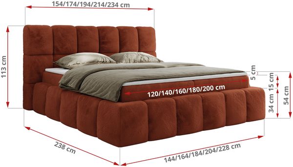 Boxspringbett mit dekorativem Kopfteil, Doppelbett mit zwei 7 Härtezonen Multipocket-Matratzen, Bettkästen, Polsterbett - NIRA - 160 x 200 cm - Orange Plüsch - H3 Bild 6