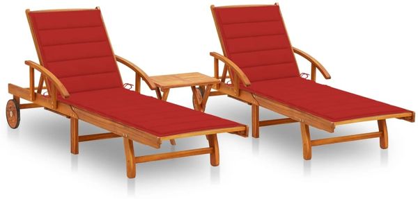 vidaXL Sonnenliegen 2 Stk. mit Tisch und Auflagen Massivholz Akazie 3077351