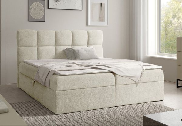 Home Collective Boxspringbett Polsterbett Doppelbett Bett mit Stauraum und Topper, viele Größen (Verfügbare Größen: 120x200, 140x200, 160x200, 180x200, 200x200 cm), bodennahe Optik modernes Design mit Kassettensteppung Creme