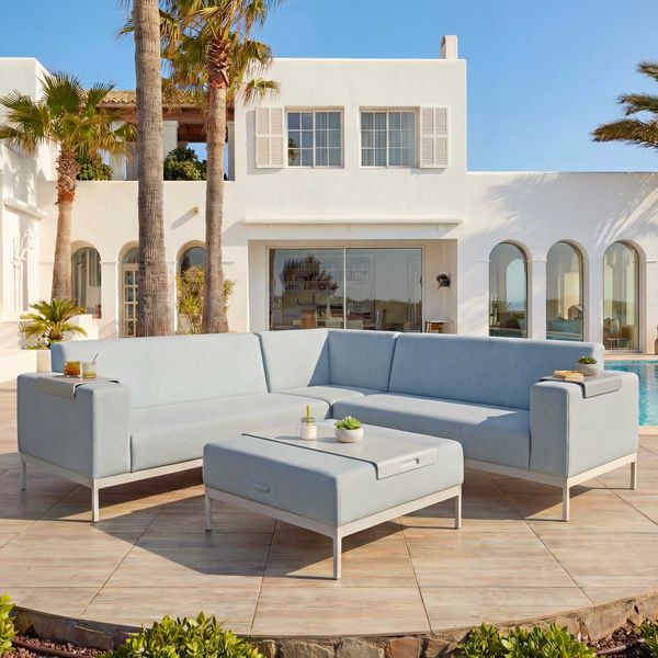 Alu-Garten-Garnitur HWC-C47, Sofa, Outdoor Stoff/Textil ~ blau mit Ablage, ohne Kissen