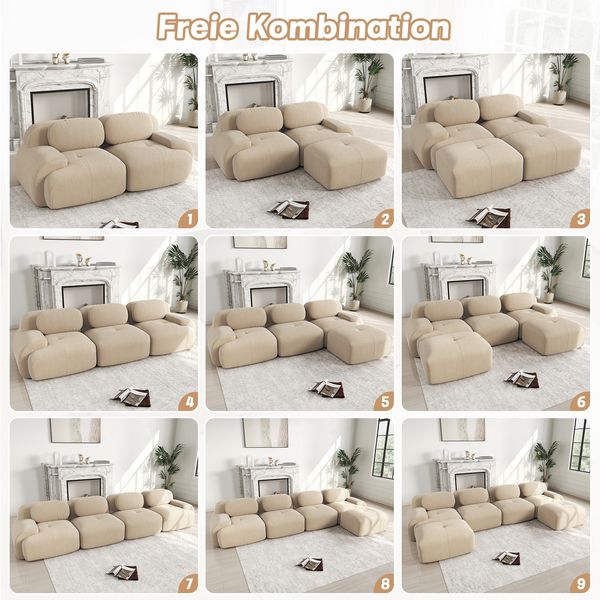 Flieks Modulares Cord Sofa 4-Sitzer mit 2x Hocker, Cloud Sofa rahmenlos, bodennah mit tiefer Sitzfläche, auch als Schlafsofa nutzbar, Beige Bild 5