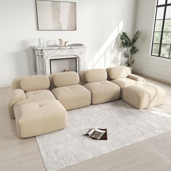 Flieks Modulares Cord Sofa 4-Sitzer mit 2x Hocker, Cloud Sofa rahmenlos, bodennah mit tiefer Sitzfläche, auch als Schlafsofa nutzbar, Beige