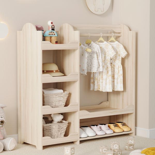 Kindergarderobe Kinderkleiderschrank Aufbewahrung Regal Garderobenständer Kiefernholz MDF Kinderzimmer Möbel mit Haken und Regalen