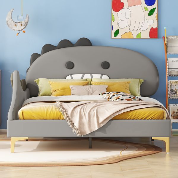 Kinderbett 140×200 cm mit Dino-Kopfteil Grau, ohne Matratze