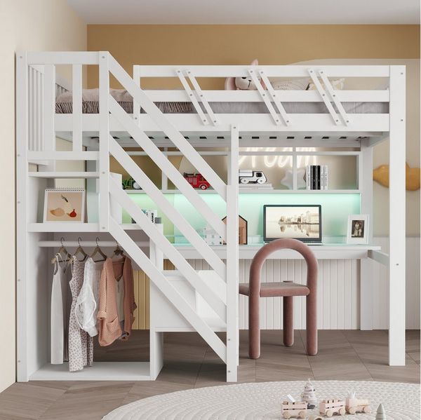 Flieks Hochbett Kinderbett 140x200cm mit Schreibtisch Ladefunktion LED Stauraumtreppe