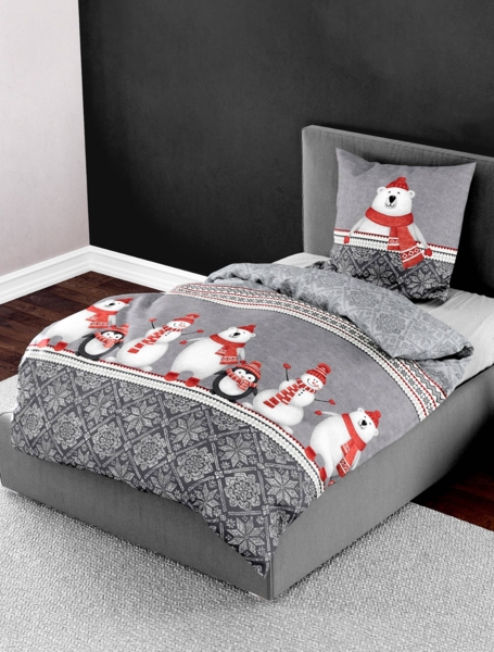 Bettwäsche Bierbaum Biber 3667-10 Eisbär Schneemann Grau Rot 135x200