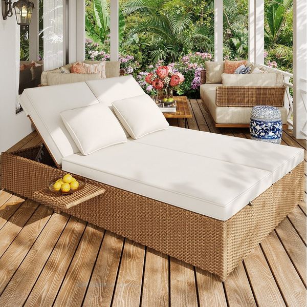 OKWISH Sofa Rattansofa,Doppelbett,Verstellbare Rückenlehne,Funktionsbett, Outdoor Gartenliege Doppelbett aus PE-Rattan, verstellbare Rückenlehne, wetterfest mit abnehmbarem Kissen, mit abnehmbaren Kissen