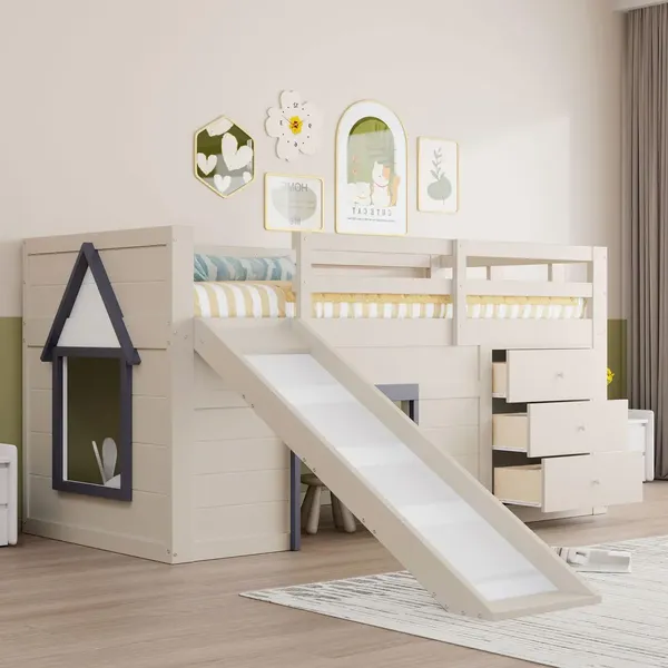 Hochbett mit Lattenrost, Leiter, Rutsche, Rausfallschutz, 90x200cm, Spielbett, Kinderbett, Einzelbett, Kiefer