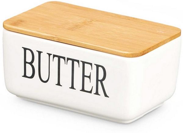 KINVARA Butterdose BUTTERDOSE aus Keramik und Bambus mit Deckel Schwarz Butterglocke 10, Kühlschrank Butterschale Butterbehälter Butterbüchse Butter Box