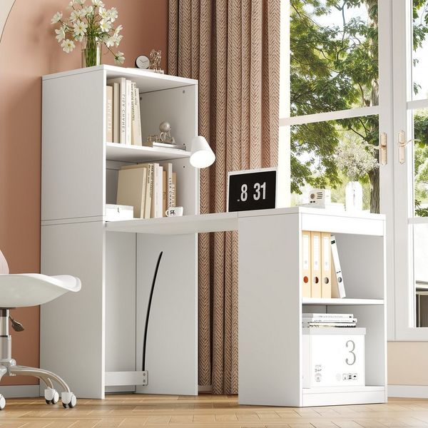 Flieks Regal-Schreibtisch 2-in-1 Multifunktionaler Klapptisch mit Rollen/Bücherregal mit Fächern (Tischplatte: 90x51 cm, Standregal: 55x40x137 cm, Gesamtlänge 130 cm, 1-St, mit verstellbarer Einlegeböden), Computertisch Eckschreibtisch Arbeitstisch Bür...