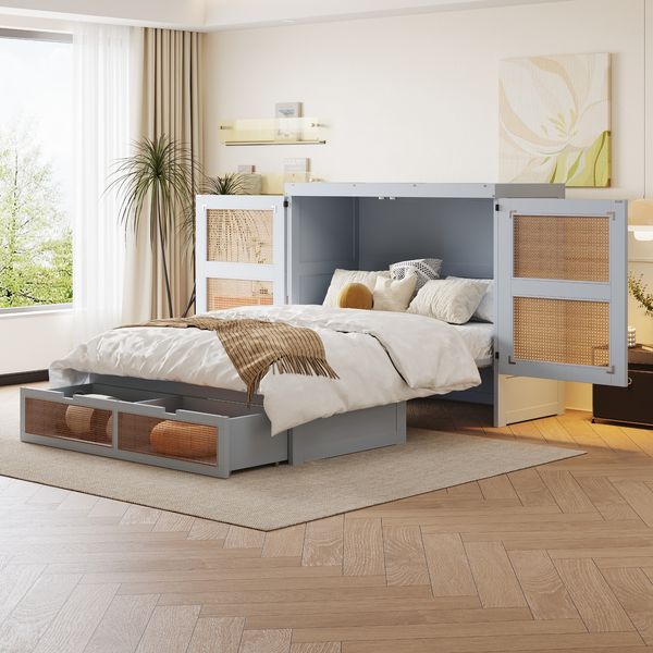 Schrankbett 140 x 200 cm, Wandbett mit Lattenrost, Wandklappbett, Vertikales schrankbett mit Lattenrost, mit Stauraumschubladen, Rattan-Design, Holzbetten, Jugendbetten, Einzelbetten, Grau
