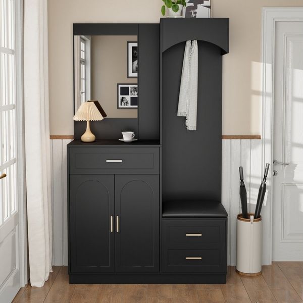 Refined Living Garderoben-Set Kompaktgarderobe mit Spiegel & Sitzbank,Garderobenschrank,Schuhschrank, (1-St, Multifunktional & platzsparend, mit Verstellbare Einlegeböden, Robuste), für Flur,Wohnzimmer,Eingangsbereich,Wohnung,Schlafzimmer,Büro