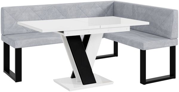 MEBLINI Eckbank für Esszimmer mit ausziehbarem Tisch - Küchenbank - Essecke - Sitzecke Küche - ERIC - U-Beine 128x168x87cm Rechts - Hellgrau Samt/M Weiß-Schwarz Hochgl.