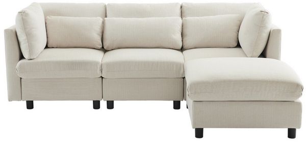 SOFTWEARY Ecksofa L-Form, L-förmig, mit Hocker, Zier- und Armlehnenkissen, Leinen