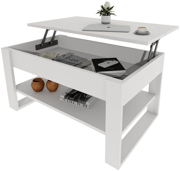 TREND WERK Couchtisch Lift-Couchtisch höhenverstellbar Sofatisch 92×54 cm mit Stauraum, verstecktem Fach Wohnzimmertisch Holz modern