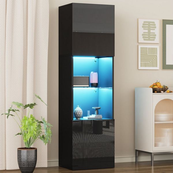 HAUSS SPOLE Vitrine Hochglanz Lagerschrank mit LED-Beleuchtung, 1 Glasboden schwarz (Highboard, Aufbewahrungsschrank, Hochschrank, Lagerschrank , 1-St, 1 Glasboden, 2 Türen) Hochglanz Vitrine, mit LED-Beleuchtung