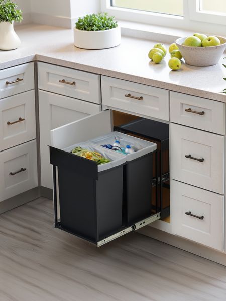 SONGMICS Abfallsammler 2 Fächer, ausziehbares Mülltrennsystem für Küche Unterschrank, Stahlrahmen, 2 x 20 L, Deckel, schwarz