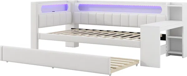 Stauraumbett mit gepolstertem Kopfteil, Schreibtisch und LED-Beleuchtung (90x200cm, Lattenrost, Regal, Gästebett, USB und Type-C), Einzelbett Bild 5