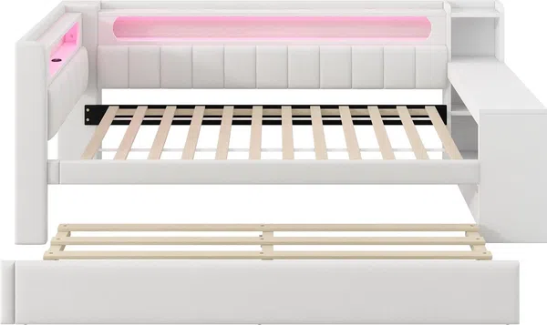 Stauraumbett mit gepolstertem Kopfteil, Schreibtisch und LED-Beleuchtung (90x200cm, Lattenrost, Regal, Gästebett, USB und Type-C), Einzelbett Bild 6