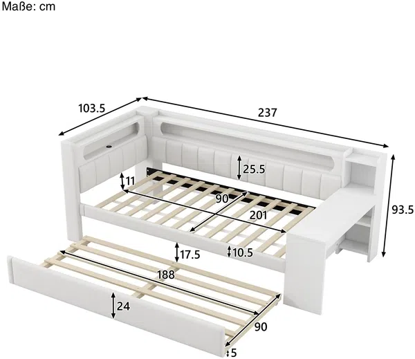 Stauraumbett mit gepolstertem Kopfteil, Schreibtisch und LED-Beleuchtung (90x200cm, Lattenrost, Regal, Gästebett, USB und Type-C), Einzelbett Bild 4