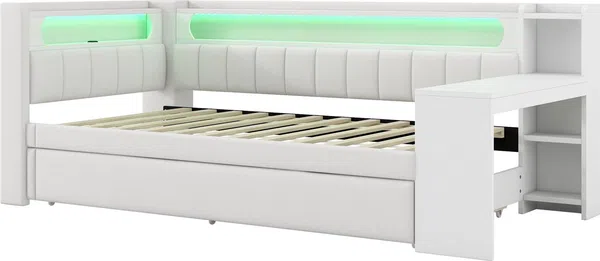 Stauraumbett mit gepolstertem Kopfteil, Schreibtisch und LED-Beleuchtung (90x200cm, Lattenrost, Regal, Gästebett, USB und Type-C), Einzelbett Bild 7