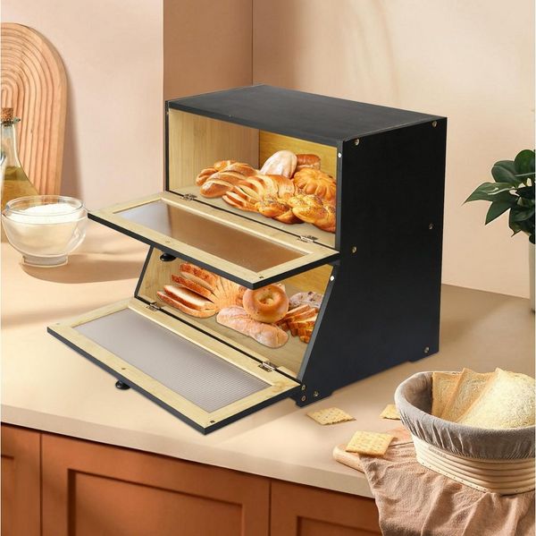 JEOBEST Brotkasten Küche Brotaufbewahrung, Großer Brotbox, (Bambus) 2 Etagen und Sichtfenster