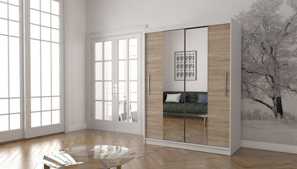 MOEBLO Kleiderschrank LARA 01 (mit Spiegel Schwebetürenschrank 2-türig Schrank mit vielen Einlegeböden und Kleiderstange, Gaderobe Schiebtüren Schlafzimmer-Wohnzimmerschrank Modern Design) (BxHxT): 150x200x61 cm