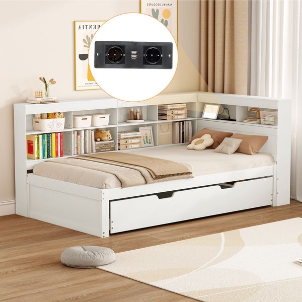 Schlafsofa 90×200 cm mit ausziehbarem Bett, Stauraum & USB-Buchse, Massivholz Weiß